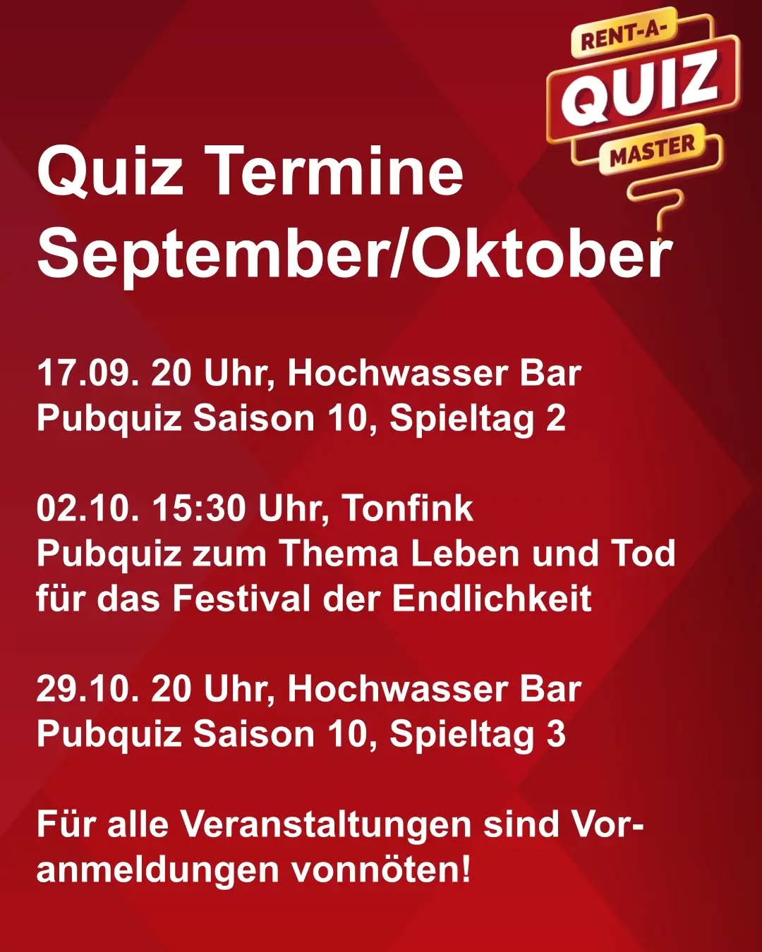 Nach langer Sommerpause geht es weiter mit dem Pubquiz. 

Einige Besonderheiten stehen an: das Pubquiz wird fortan nur noch in der @hochwasserbarbistro  stattfinden, aus zeitlichen Gründen. 

Besonders freue ich mich für eine Sonderveranstaltung für das @palliativnetztravebogen, die mich erstmals als Quiznaster in den @tonfink führt. Für dieses sehr beliebte Quiz braucht ihr Tickets (diese sind kostenlos) unter luebeck-ticket.de

Lets Rock.